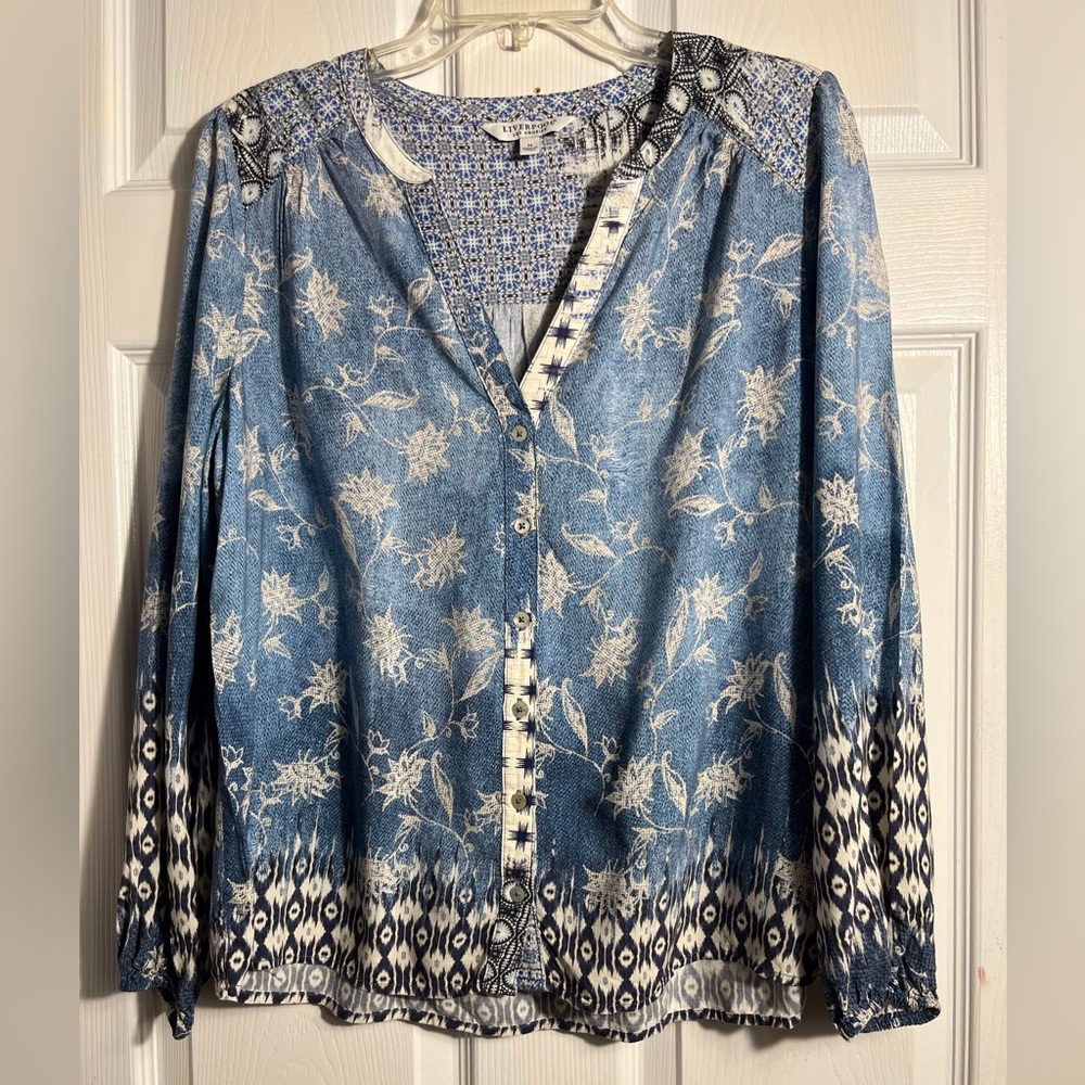 Liverpool Blue Floral Button-Front Top M